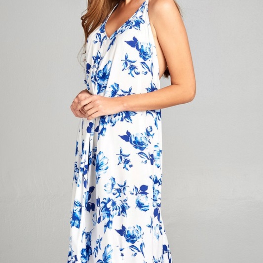 Halter Neck Blue White Floral Asymmetrical Dress - Picture 3 of 4